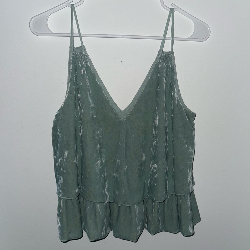 AERIE Green Velvet Ruffle Tank Top